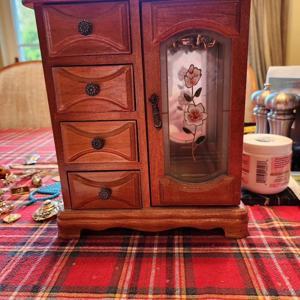 WOODEN 4DRWR JEWELRY BOX, Glass Door Cabinet, Mirror & Rotatable Necklace Holder